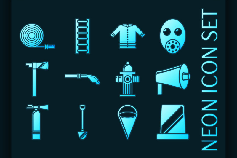 firefighter-set-icons-blue-glowing-neon-style