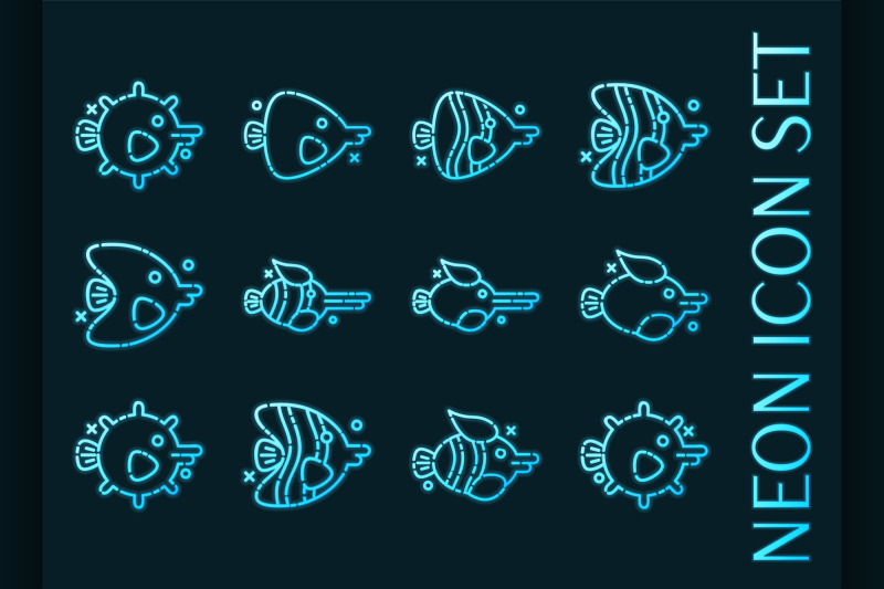 fish-set-icons-blue-glowing-neon-style