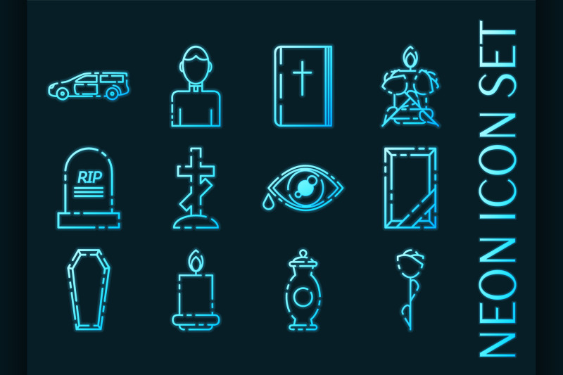funeral-set-icons-blue-glowing-neon-style