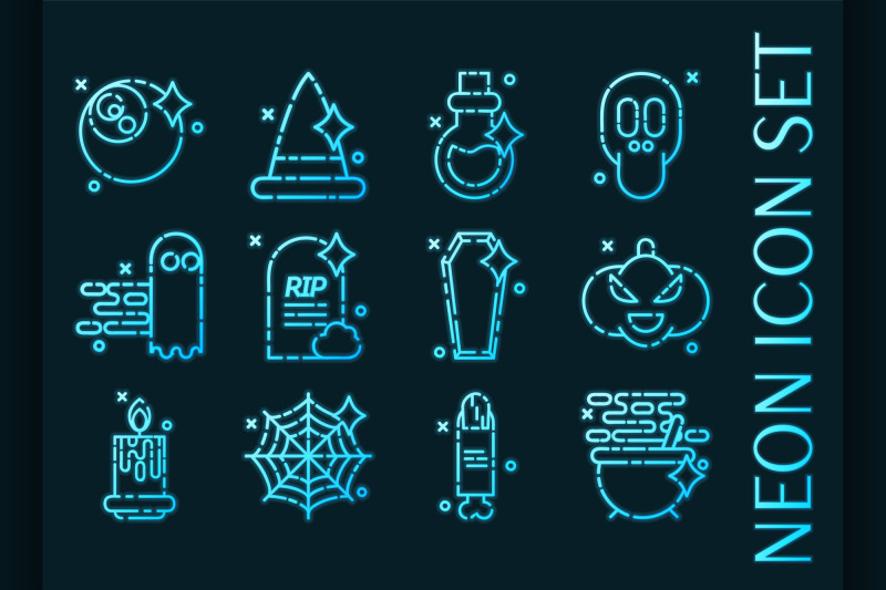 halloween-set-icons-blue-glowing-neon-style