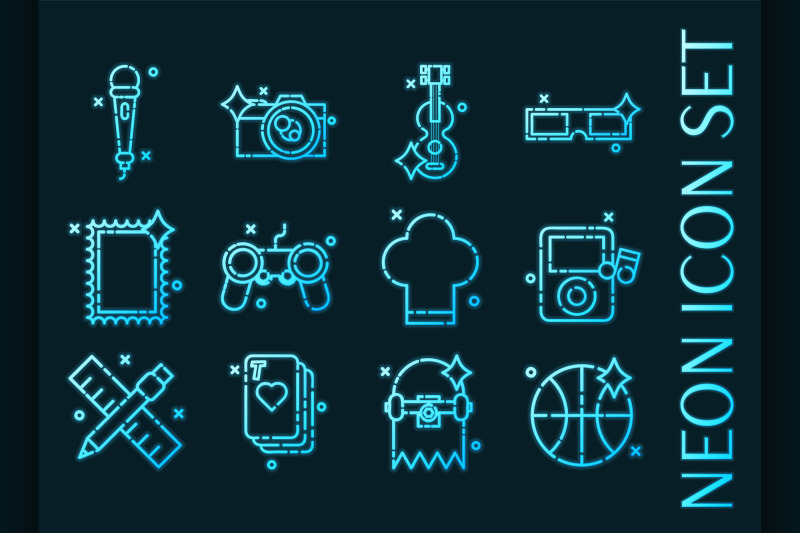 hobby-set-icons-blue-glowing-neon-style