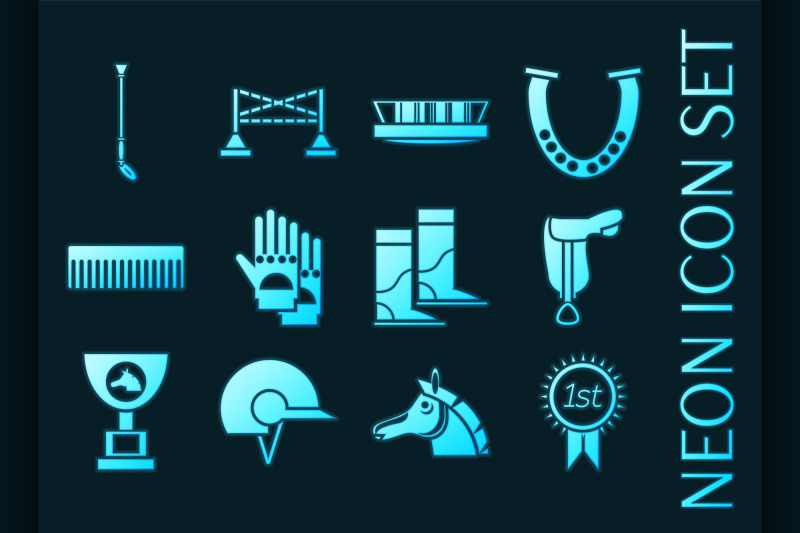 horse-riding-set-icons-blue-glowing-neon-style