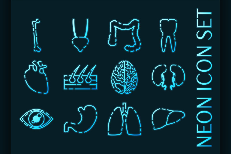 human-organs-set-icons-blue-glowing-neon-style
