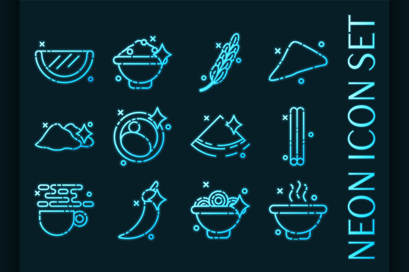 indian-food-set-icons-blue-glowing-neon-style