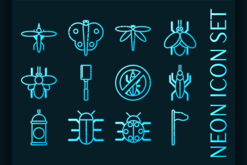insects-set-icons-blue-glowing-neon-style
