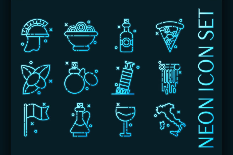 italy-set-icons-blue-glowing-neon-style
