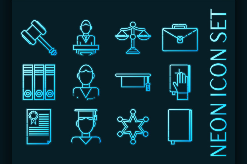 law-set-icons-blue-glowing-neon-style