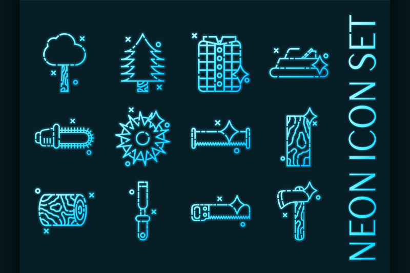 lumberjack-set-icons-blue-glowing-neon-style