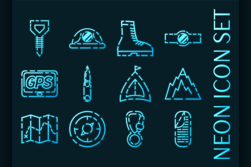 set-of-mountaineering-set-icons-blue-neon-style