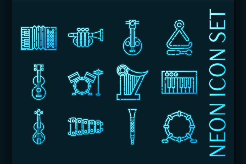 musical-instruments-set-icons-blue-neon-style