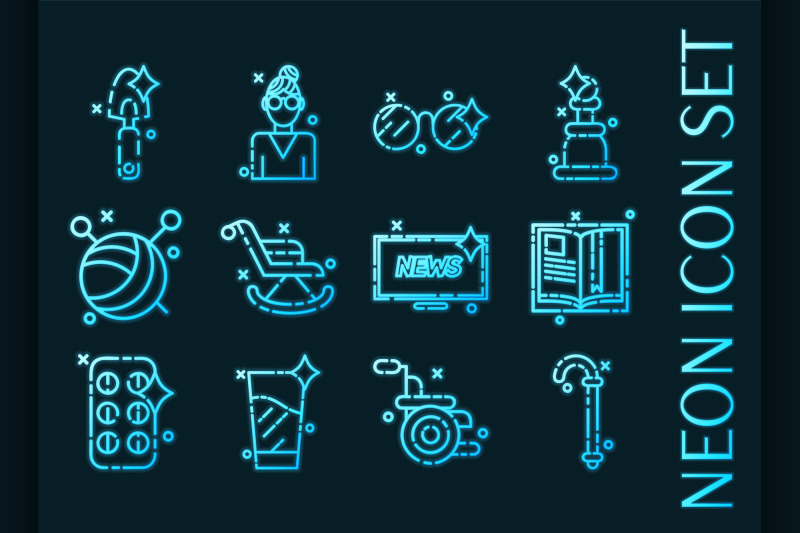 old-age-set-icons-blue-glowing-neon-style