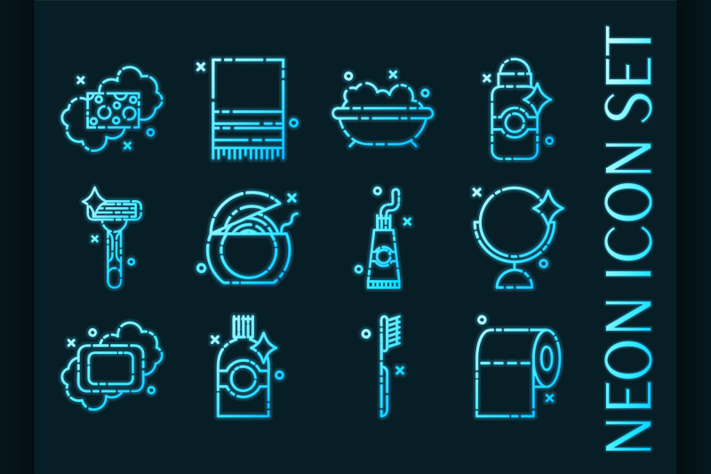 personal-hygiene-set-icons-blue-neon-style