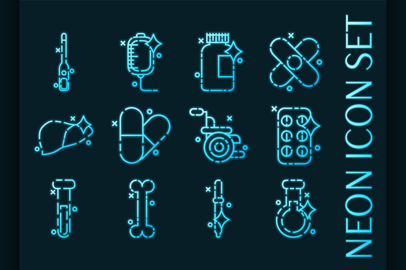 pharmacy-set-icons-blue-glowing-neon-style