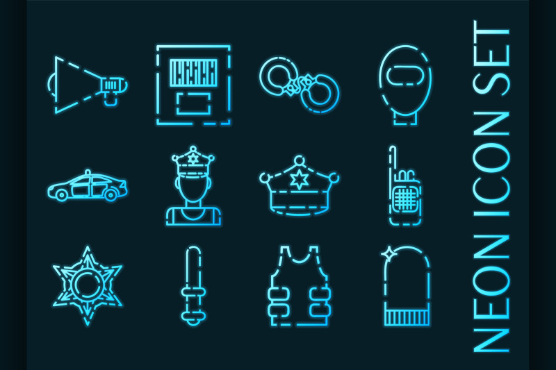police-set-icons-blue-glowing-neon-style