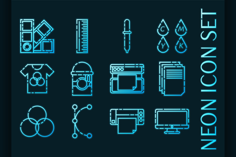 polygraphy-set-icons-blue-glowing-neon-style