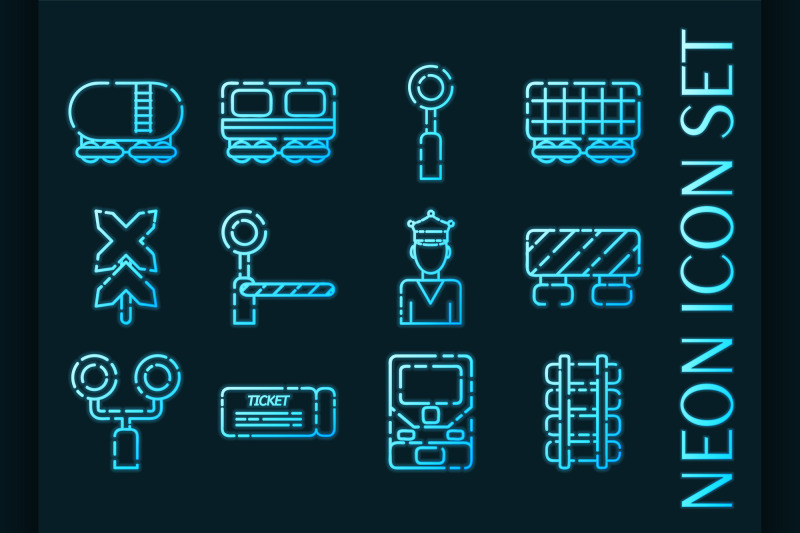 railroads-set-icons-blue-glowing-neon-style