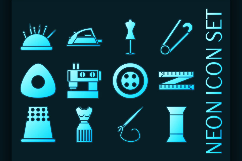 sewing-set-icons-blue-glowing-neon-style