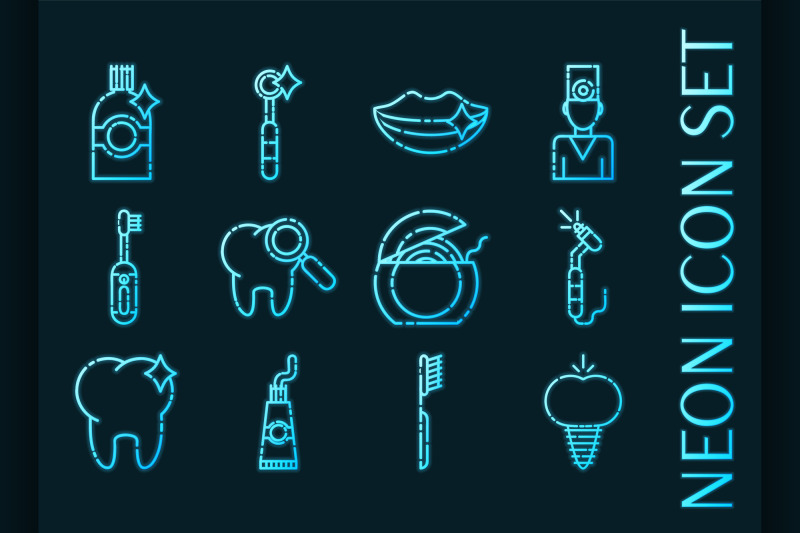 stomatology-set-icons-blue-glowing-neon-style