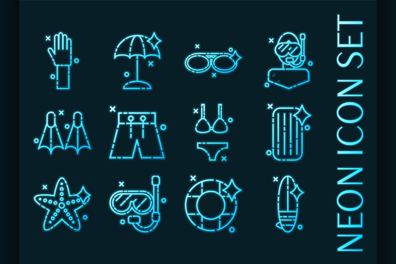 swimming-set-icons-blue-glowing-neon-style