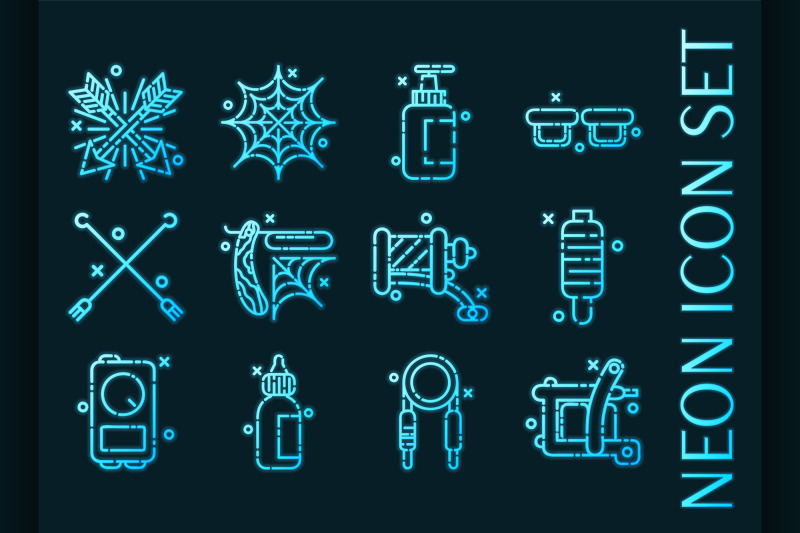 tattoo-set-icons-blue-glowing-neon-style