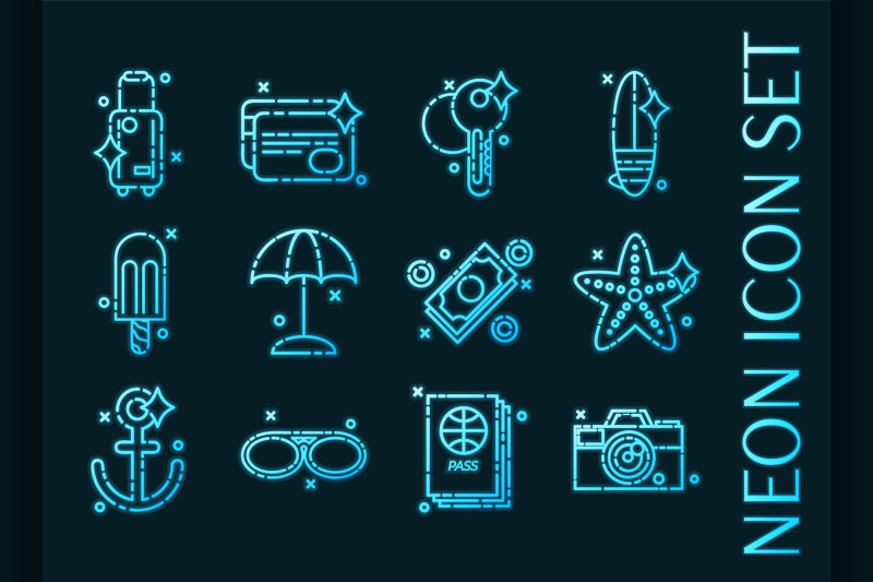 tourism-set-icons-blue-glowing-neon-style