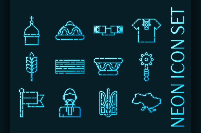 ukraine-set-icons-blue-glowing-neon-style