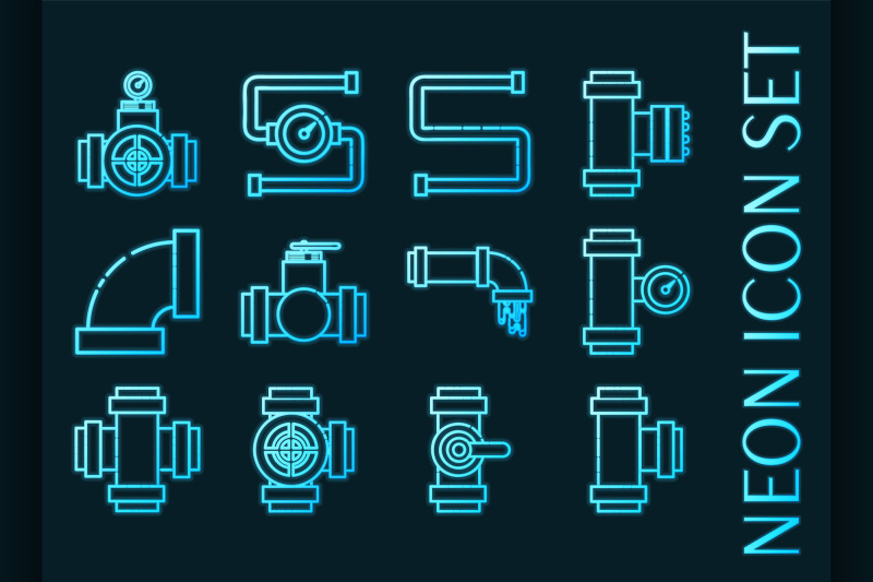 water-pipes-set-icons-blue-glowing-neon-style