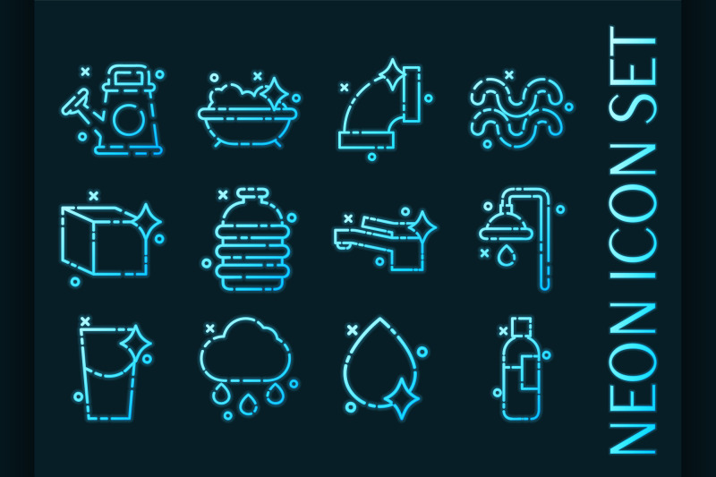 water-set-icons-blue-glowing-neon-style