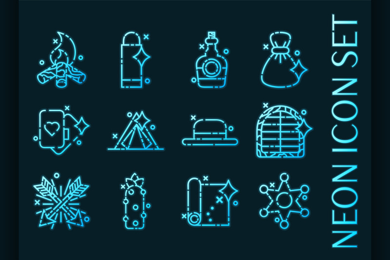 wild-west-set-icons-blue-glowing-neon-style