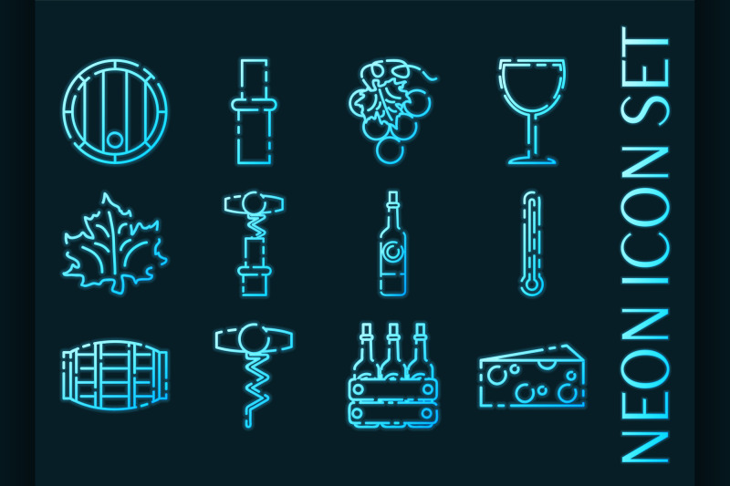 wine-set-icons-blue-glowing-neon-style