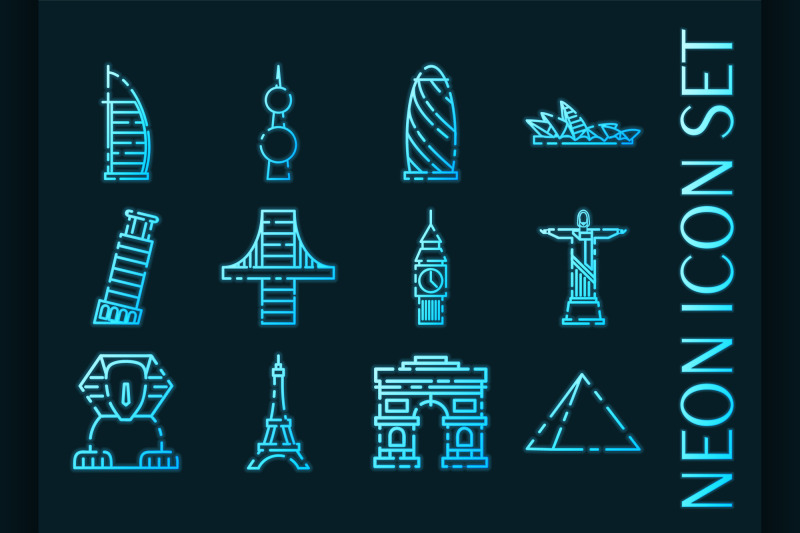 world-landmarks-set-icons-blue-neon-style