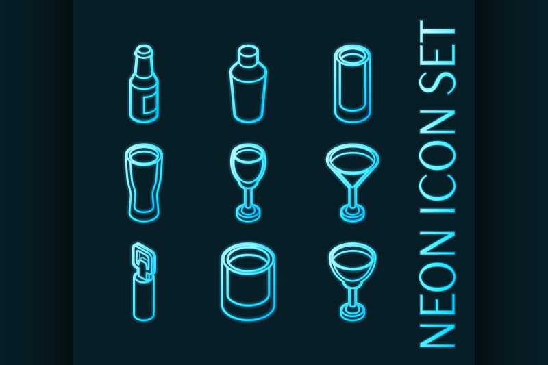 alcohol-set-icons-blue-glowing-neon-style