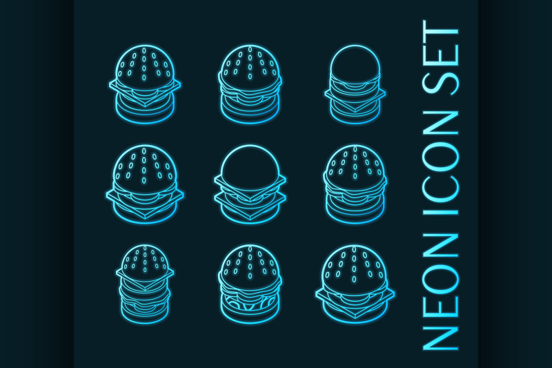 burgers-set-icons-blue-glowing-neon-style