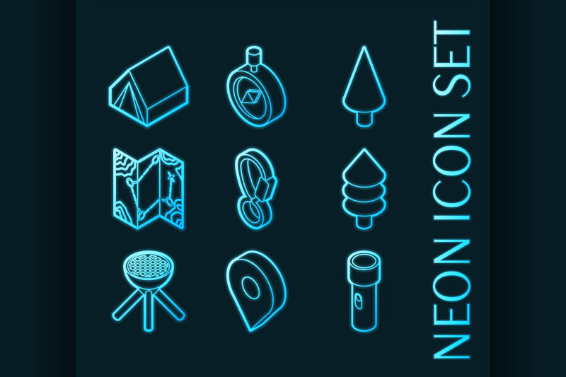 camp-set-icons-blue-glowing-neon-style
