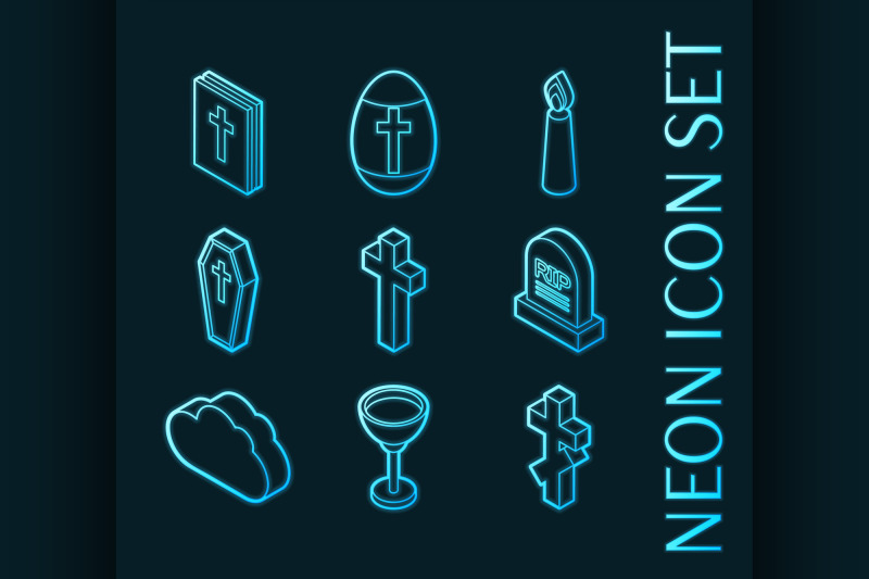 christianity-set-icons-blue-glowing-neon-style