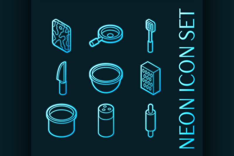 cooking-set-icons-blue-glowing-neon-style