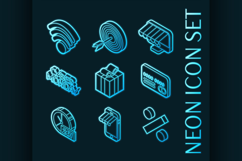 cyber-monday-set-icons-blue-glowing-neon-style