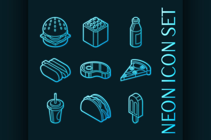 fast-food-set-icons-blue-glowing-neon-style