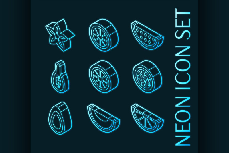 fruit-set-icons-blue-glowing-neon-style