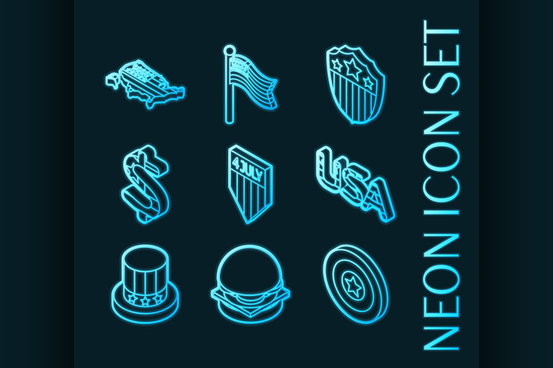 independence-day-set-icons-blue-neon-style