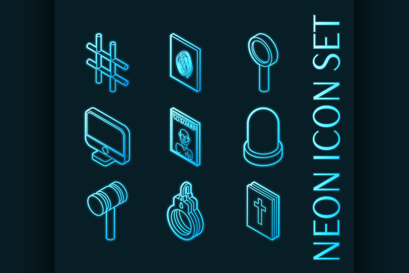law-set-icons-blue-glowing-neon-style