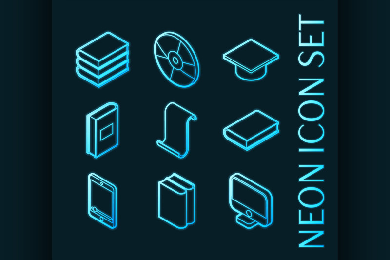 library-set-icons-blue-glowing-neon-style