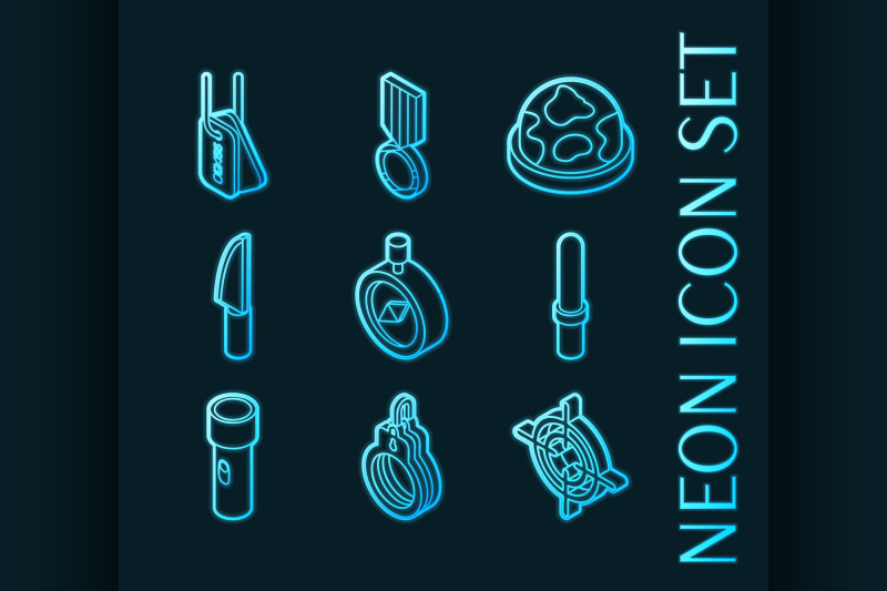 military-set-icons-blue-glowing-neon-style