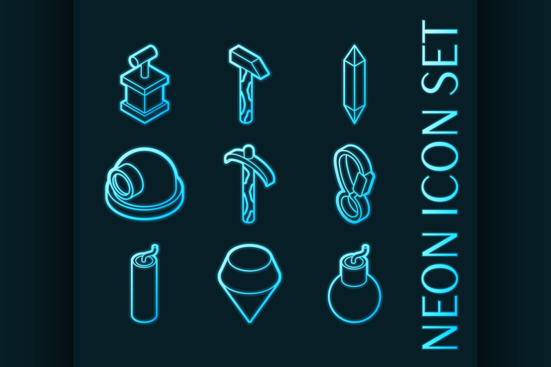 mining-set-icons-blue-glowing-neon-style