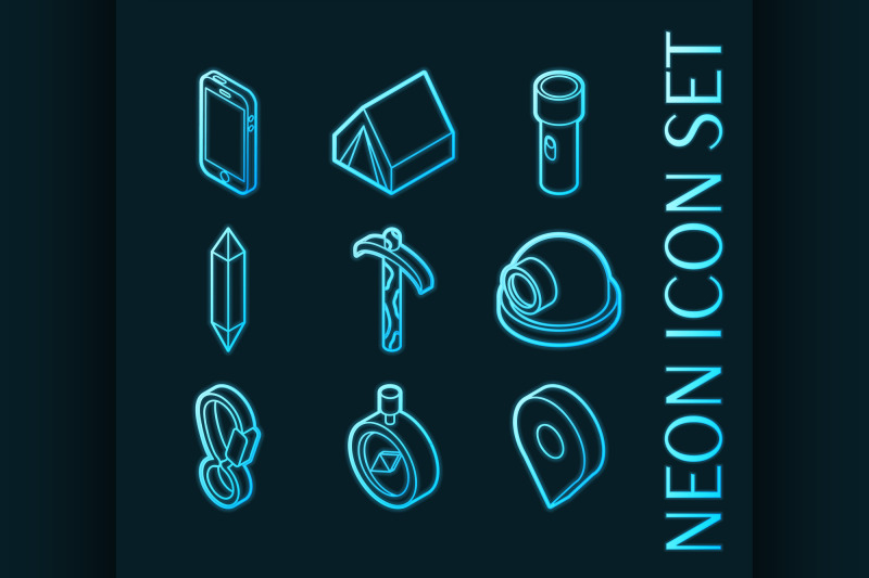 mountaineering-set-icons-blue-glowing-neon-style