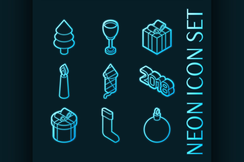 new-year-set-icons-blue-glowing-neon-style