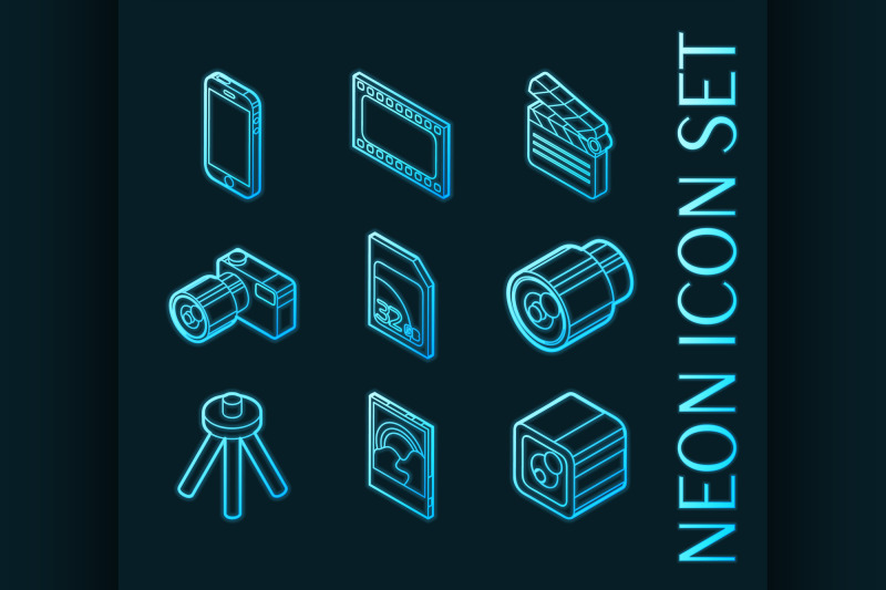 photo-outline-set-icons-blue-neon-style