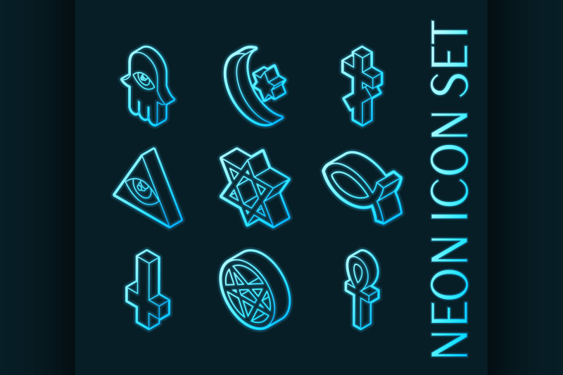 religions-set-icons-blue-glowing-neon-style