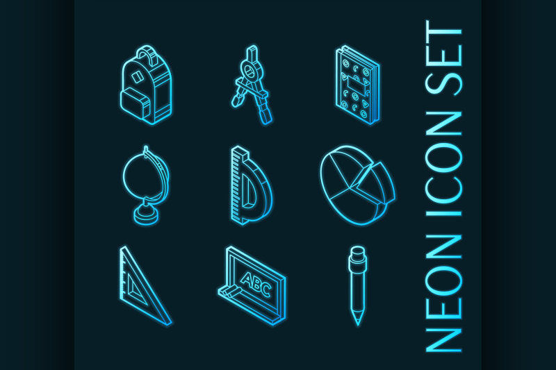 school-set-icons-blue-glowing-neon-style