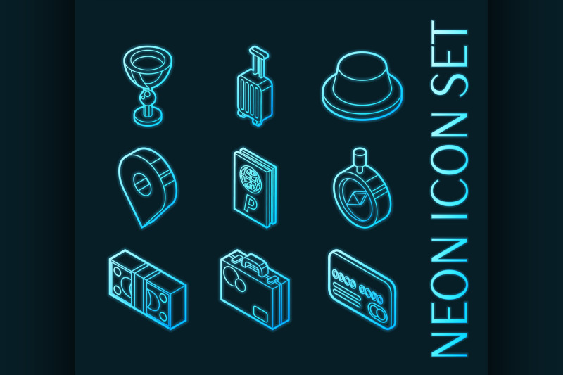 traveling-set-icons-blue-glowing-neon-style